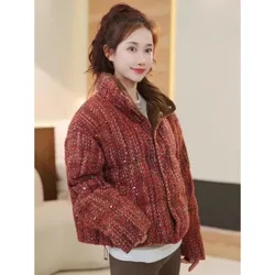 Xiaoxiangfeng-Chaqueta de plumón de tweed para mujer, corta y gruesa, plumón de pato blanco cálido, chaqueta de pan, moderna, invierno