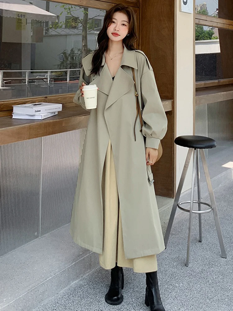 LANMREM Spring Korean Style Women Long Trench Coat Lapel Belt Gathered Waist Solid Color Windbreaker 2024 New Clothing 2AA4965