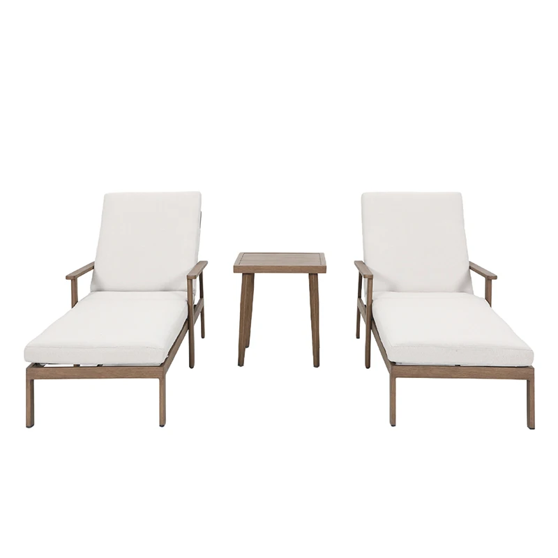 3-Piece Aluminum Outdoor Lounge Set 2 Adjustable Recliners + Accent Table Patio Furniture for Beach Garden & Hotel Poolside