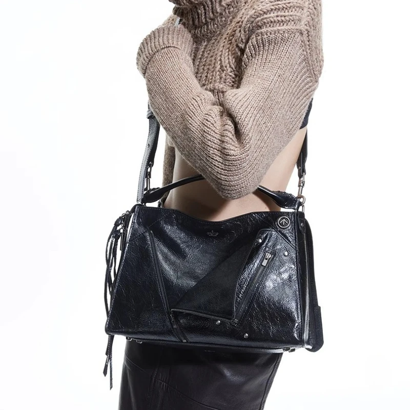 GROTTO Lapel Bag Genuine Leather Large Capacity Commuter Niche Motorcycle Style Handbag Single Shoulder Crossbody Bag