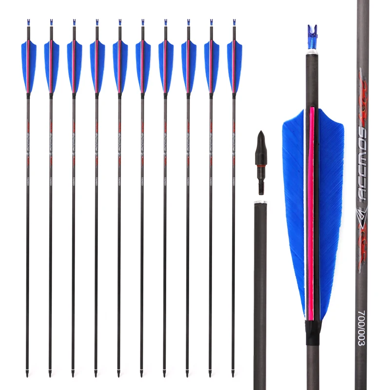 

6/12pcs ID6.2mm Pure Carbon Arrow Spine 250 300 400 500 600 700 800 5inch Real Feather 100gn heads Pin Nocks Archery Shooting