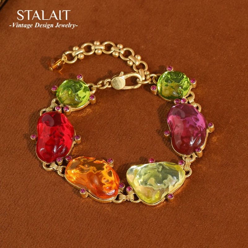 

Vintage Colorful Shaped Glass Bracelet Candy Natural Stone Gold Color Christmas Gift Luxury Jewelry Girlfriend Party Accessories