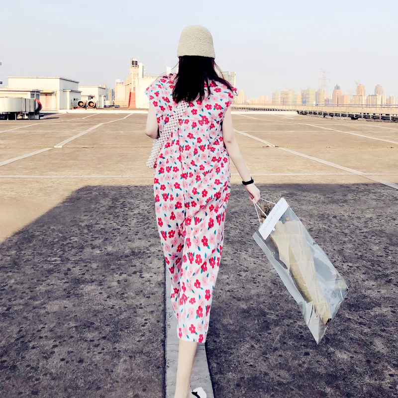 Floral Print One-Piece Summer Suit Casual ort Sve High Waist Cotton Blend Faionable Korean Sle Women's Overall Outfit