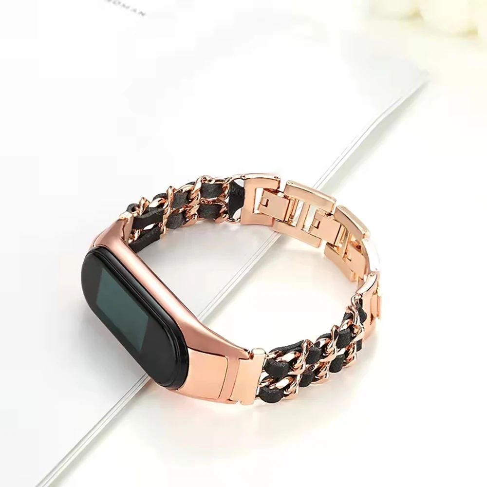 Leather + Metal Strap for Xiaomi Mi Band 9 8 7 6 5 4 3 Luxury Bracelet Wristband for Mi Band 9 8 7 Women Wrist Strap Mi Band 6 5