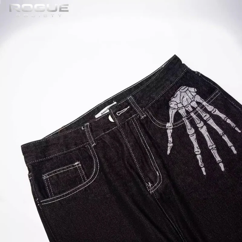 Fashion Straight Leg Pants Men's Skeleton Print Baggy Jeans Gothic Punk Streetwear Trousers High Street Dark Hip Hop Y2K Casual