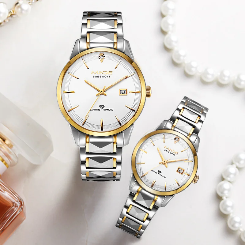 MIGE Lovers Quartz Watch Set Two Tone Metal Bracelet Diamond Dial Date Waterproof Couple Wrist Watches