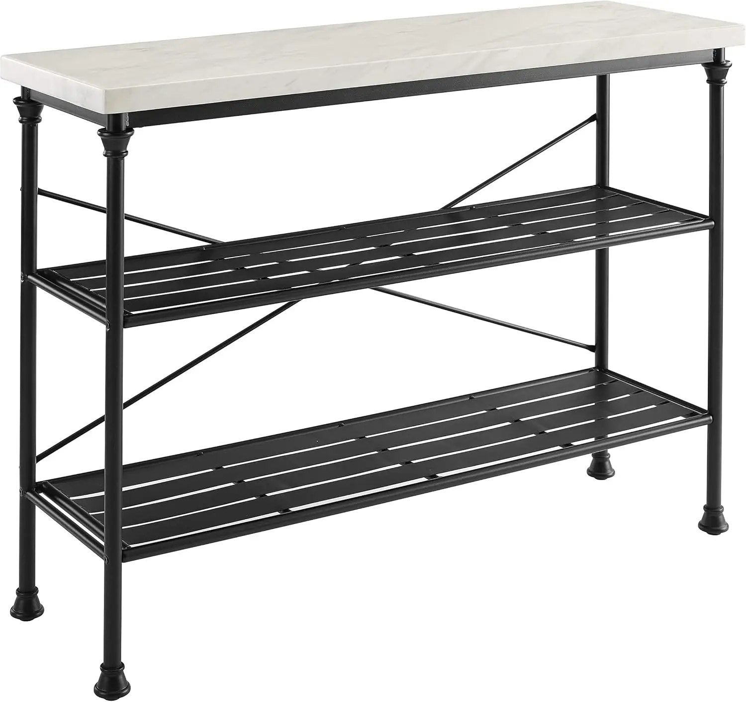 Madeleine Sofa Console Table with Storage Shelves for Hall, Entryway, or Living Room, Steel with Faux Marble Top