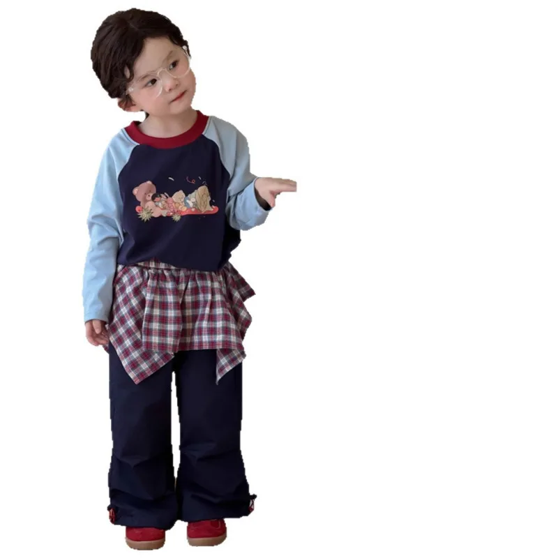 Осень-зима 2025 г., детская базовая рубашка с длинными рукавами и рисунком медведя, модные топы для мальчиков и девочек, пуловер, свитшот от 3 до 12 лет