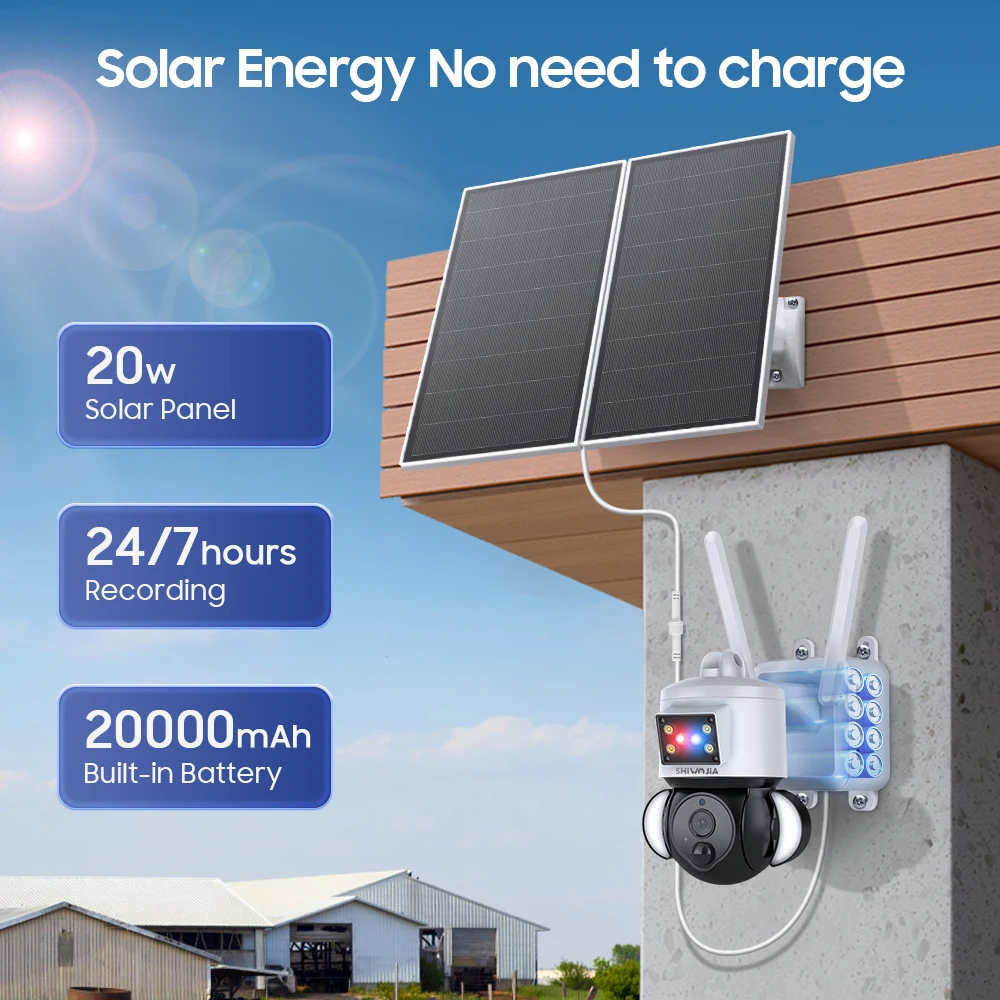 SHIWOJIA 3MP Solar Powered Camera 4G Sim 20W Solar Panel Security Camera Anti-theft Siren Alarm PIR Motion with 20000mAh Battery