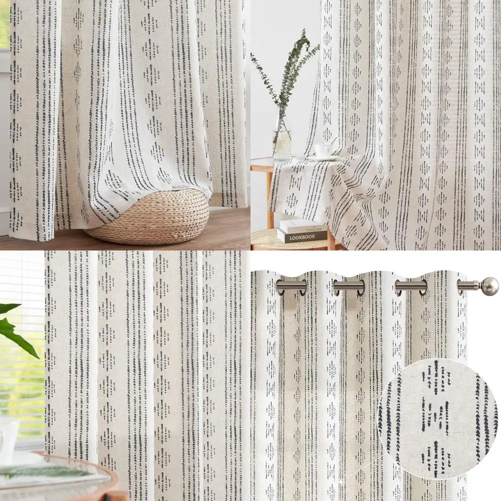 

Black Geometric Striped Farmhouse Curtains, 90, Boho Linen Blend, Mudcloth Pattern, 2-Panel Set