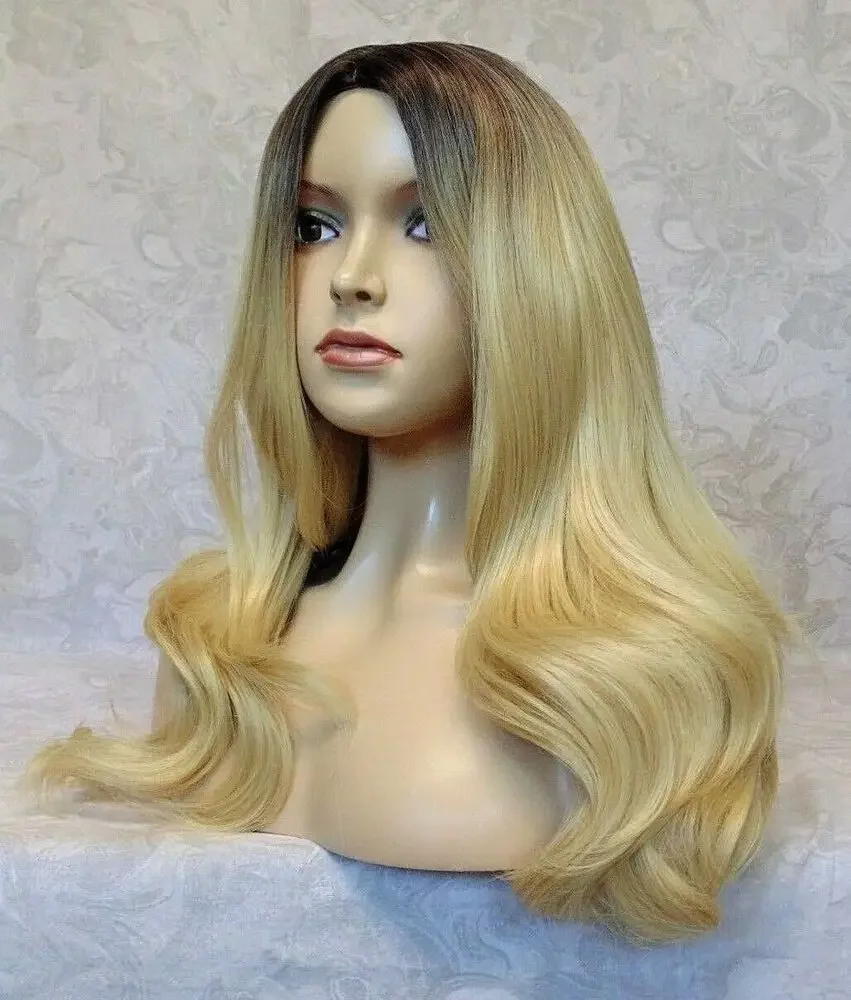 Long Thick Wavy Dark Roots to Bright Blonde Ombre Synthetic Wig