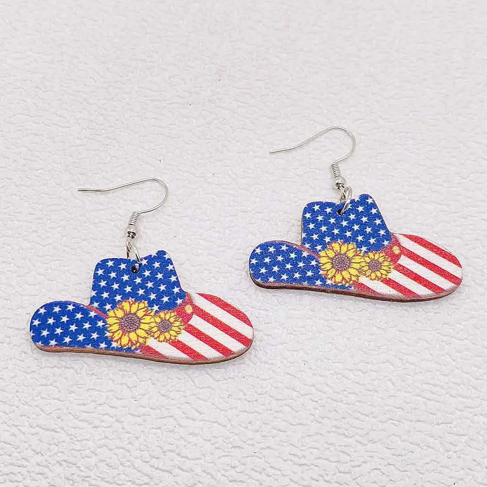 Independence Day Wooden Earrings, American Flag Western Cowboy Series Boots Hat Earrings Women Girls 4th of July Patriotic