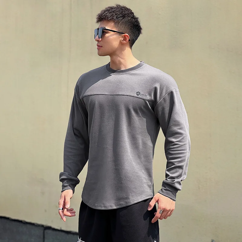 Autumn Fitness Cotton Hoodie Men's Letter Printed Round Neck Breathable Slim-Fit Base Shirt Spliced Long Sleeve T-Shirt