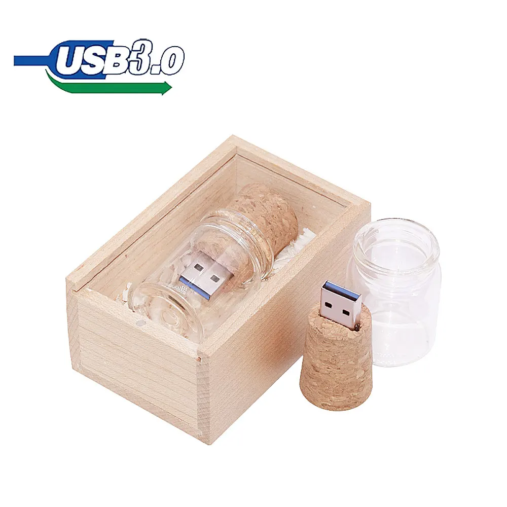 USB 3.0 로고 고객 유리 드리프트 병 코르크 USB + 나무 상자, USB 플래시 드라이브, 펜 드라이브, 결혼 선물, 4GB, 16GB, 32GB, 64GB, 10 개