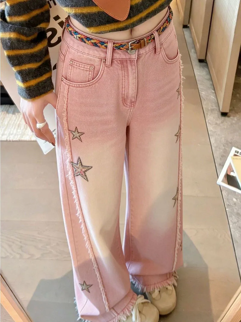 Pink Star Embroidered Jeans for Women Spring and Autumn High Waisted Casual Straight Leg Pants Retro Loose Fringed Denim Trouser