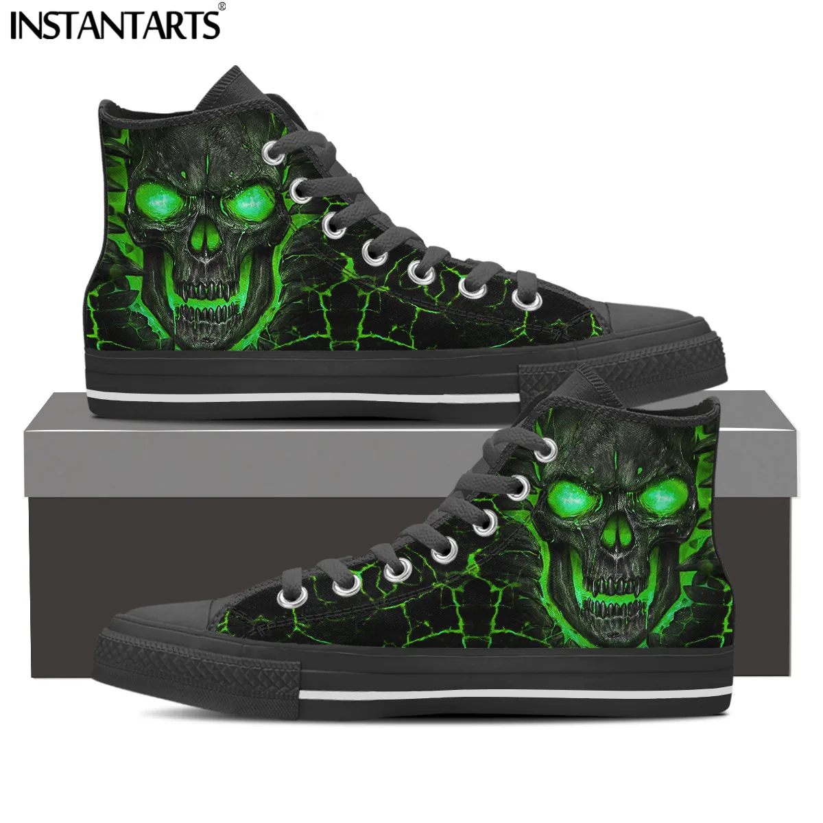 INSTANTARTS Canvas High Top Flat Shoes for Man Green 3D Lava Skull Print Casual Lace Up Sneakers for Male Comfort zapatos hombre