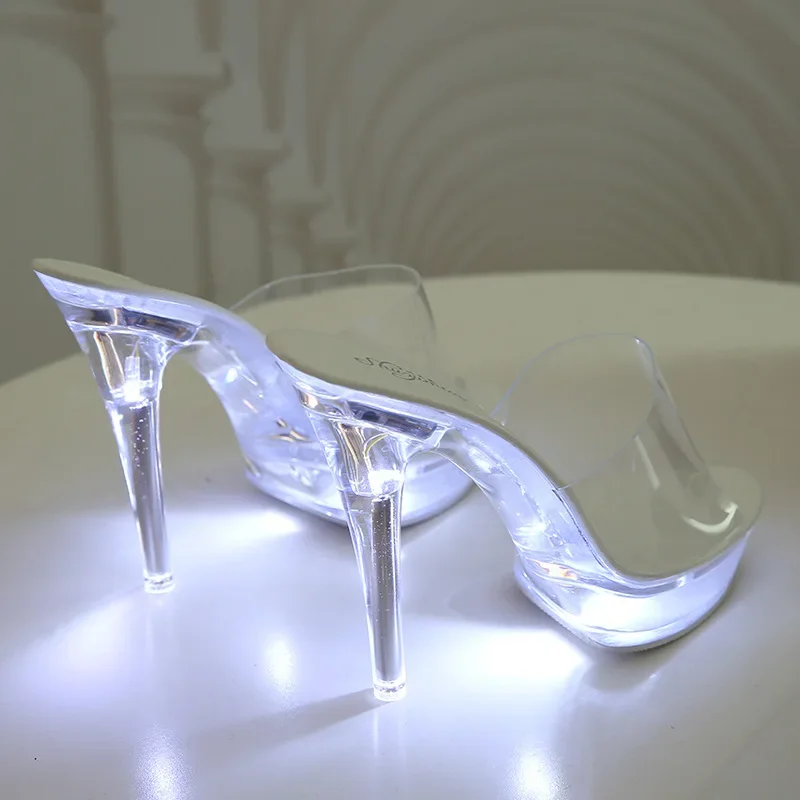 2024 new 13cm sexy nightclub shoes luminous sandals catwalk pole dancing shoes transparent crystal women's shoes