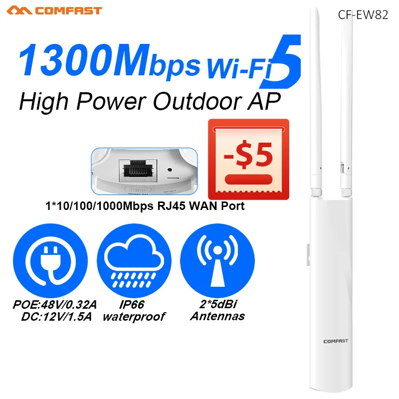 

Comfast AC1300 High Power Outdoor WIFI Router/AP WIFI5 Wireless WIFI Repeater Wifi 2.4G/5G 2*5dBi Antenna 48V POE EU/US