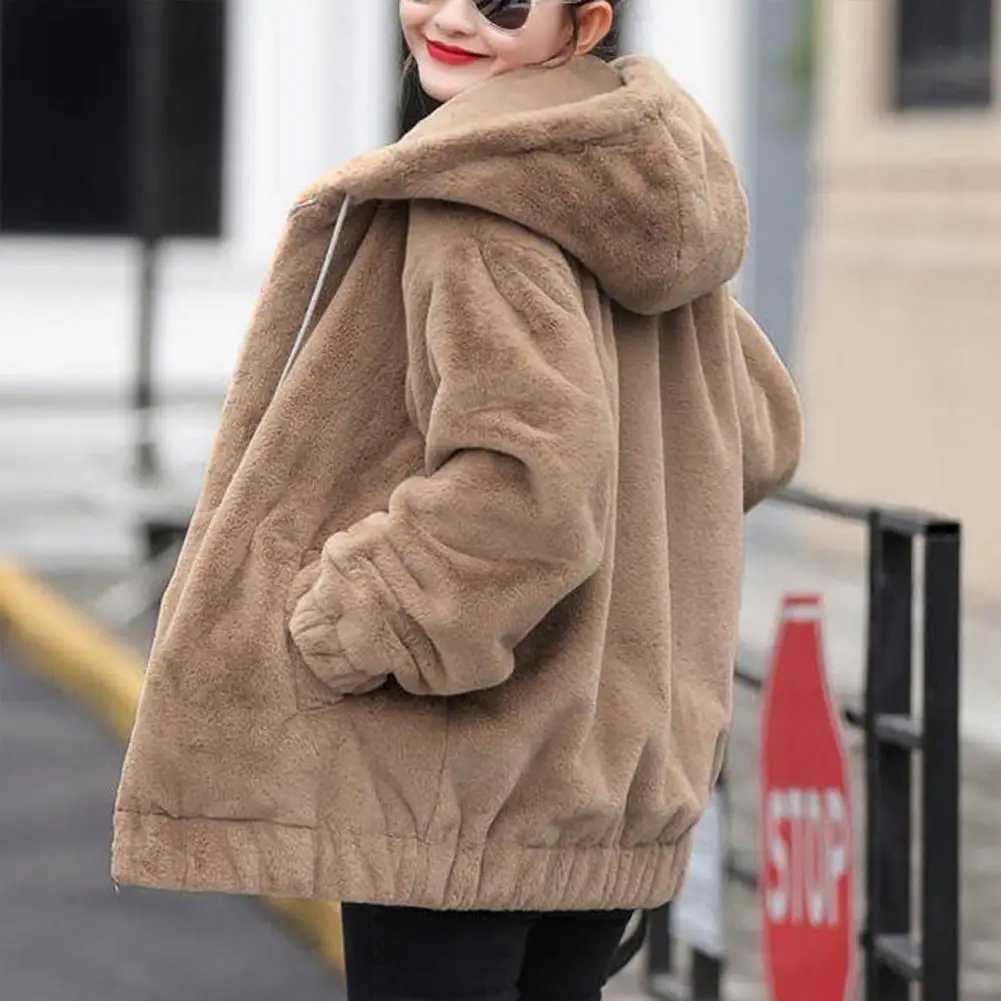 Chaqueta con capucha de felpa cálida para mujer, abrigo elegante con cierre de cremallera suave, ajuste suelto, a prueba de viento, Otoño e Invierno