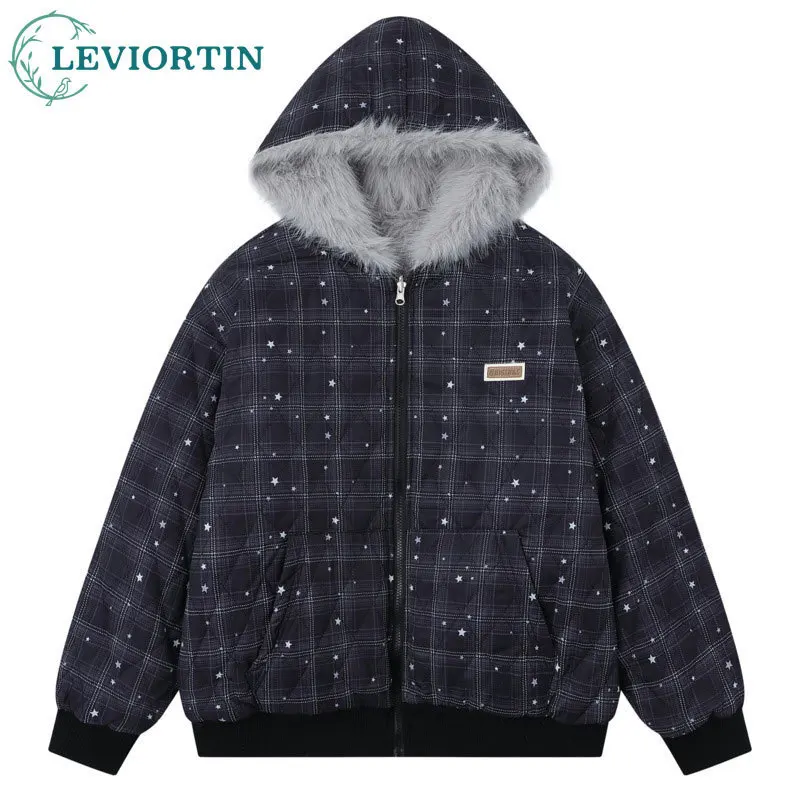 

Winter men's American retro star grid pattern imitation mink fur double-sided wear loose casual versatile warmth hooded jacket