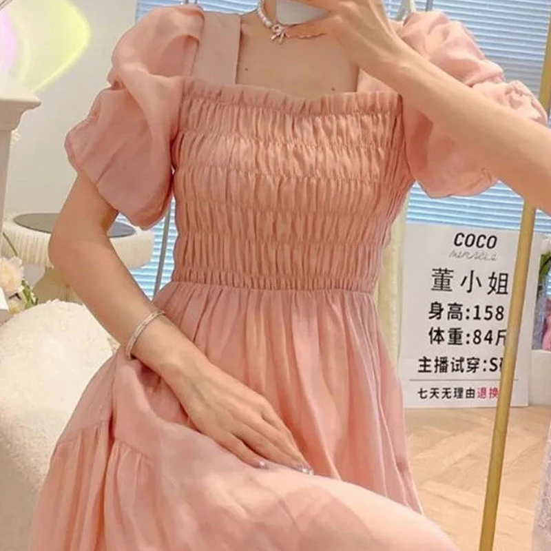 Summer New French Style Solid Color Elastic Chest Princess Dress Women Square Neck Puff Sleeve Pleated Patchwork Midi Dresses