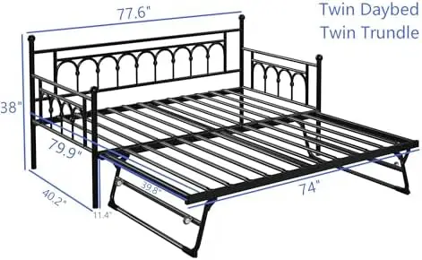 Twin Daybed with Trundle and Storage Bag, Metal Daybed with Pop Up Trundle, Day Bed Farm with Steel Slat Support Sofa
