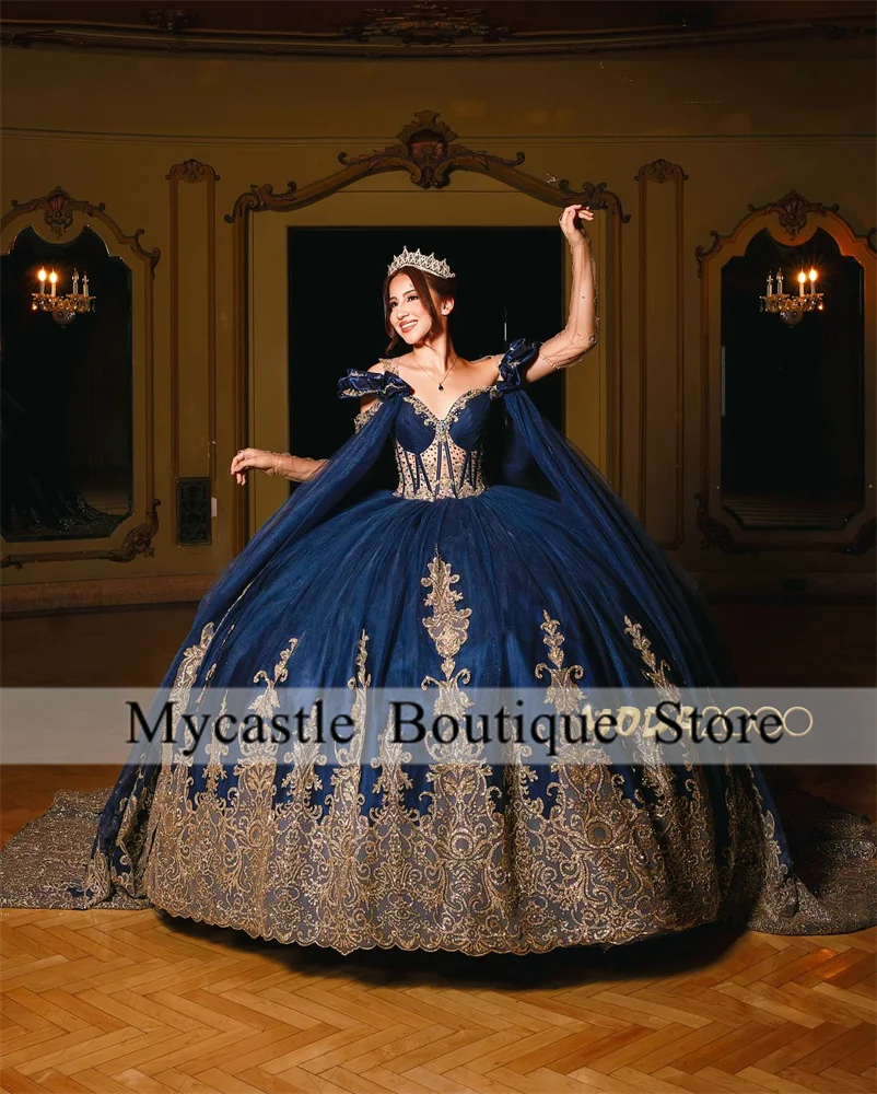 Navy Blue Quinceanera gaun bola gaun 2024 mengkilap renda Applique manik-manik kristal manis 16 15 pesta ulang tahun gaun korset jubah