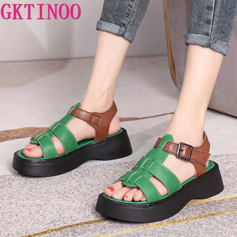 GKTINOO Summer Mixed Color Genuine Leather Sandals Roman Shoes Platform Wedges Woven Thick Soled Sandals Women Shoes Large Size