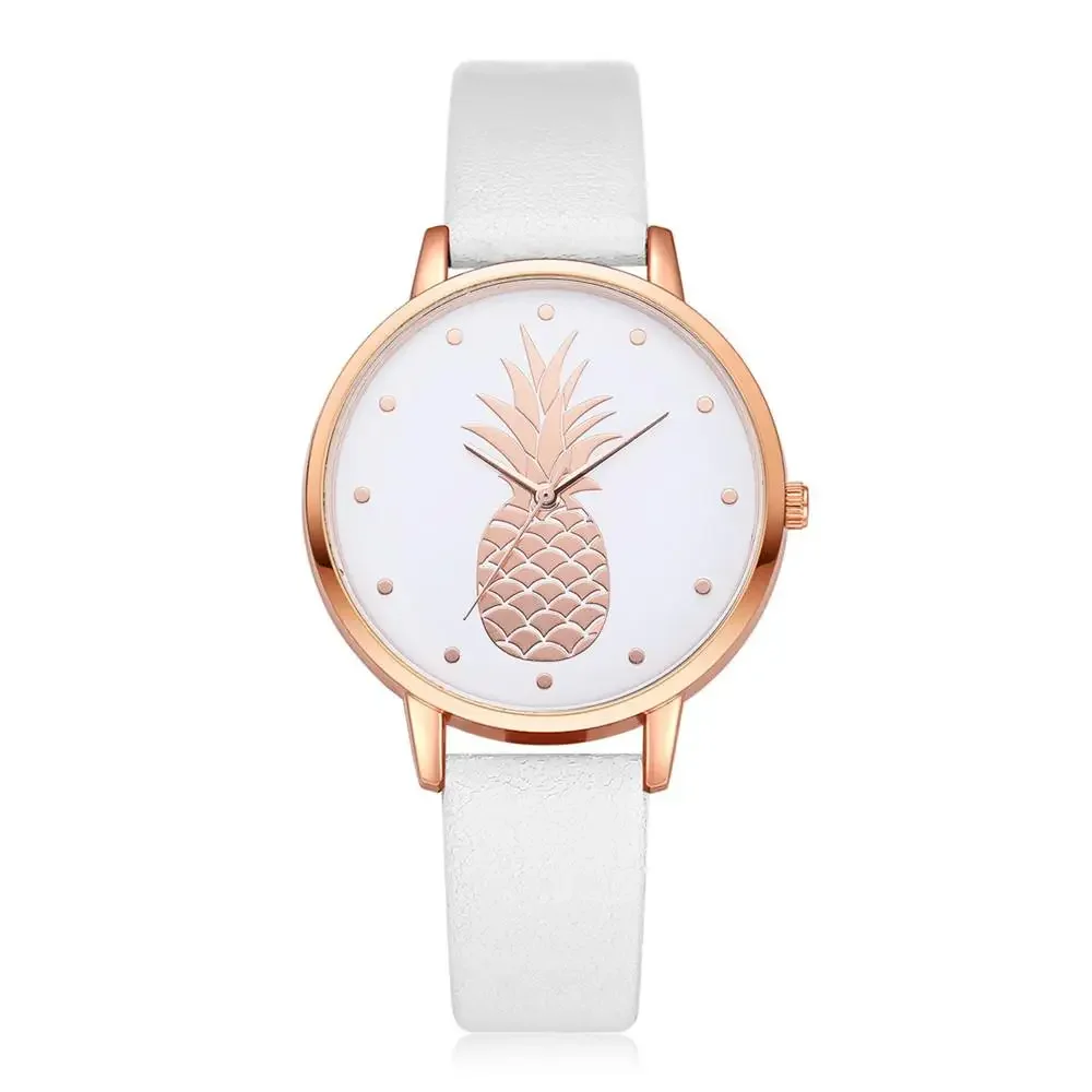 New Fashion Pineapple Pattern Women Watches Simple White Quartz Watch Vintage Leather Ladies Wristwatches Drop Shipping Clock