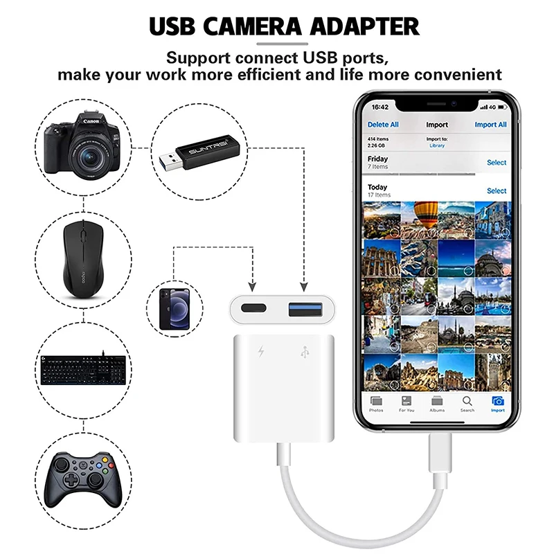 OTG Adapter For iPad iPhone 13 12 11 14 Pro Max XS XR 8 Plus 2 in 1 USB3.0 Converter Cable for Mouse Keyboard Camera Card Reader