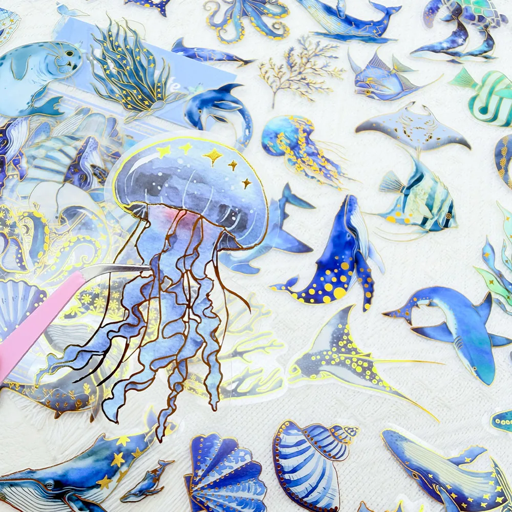 50 قطعة الكائنات البحرية الأسماك قذيفة الذهب ختم ملصقات الحيوانات الأليفة الشارات لزجاجة سجل القصاصات حقيبة خوذة ملصقات جمالية ذاتية الصنع
