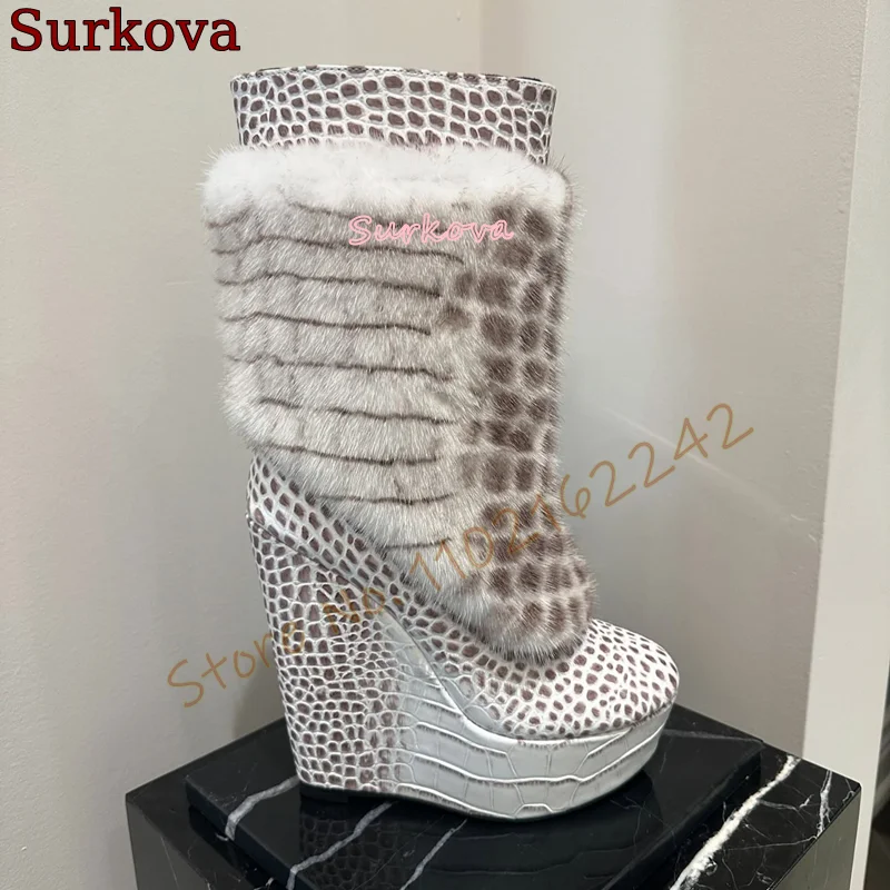 Stone Pattern Furry Wedge Boots White Side Zipper Thick-Soled Snow Boots Winter Fashion Warm Non-Slip Modern Boots Women'S Shoes