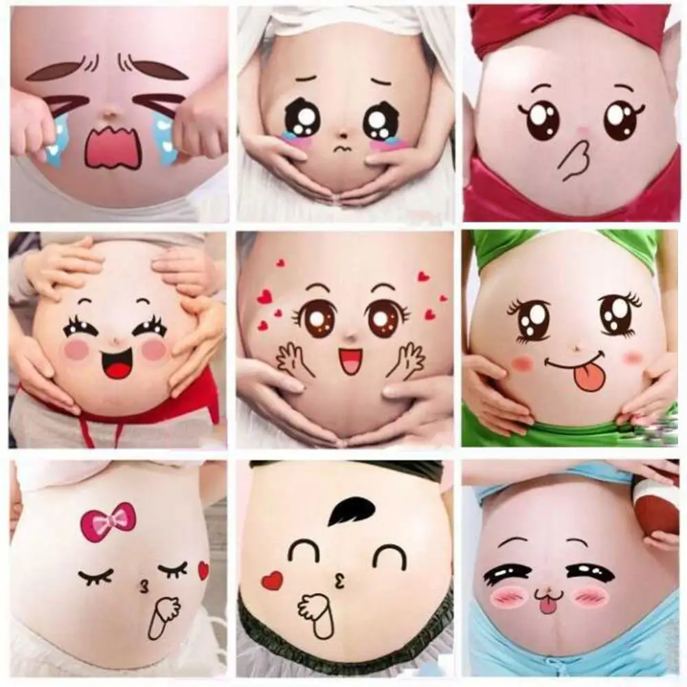 2Pcs Cute Cartoon Expression Pregnancy Photographs Belly Painting Photo Sticker Pregnant Facial Stomach Belly Sticker Photo Prop