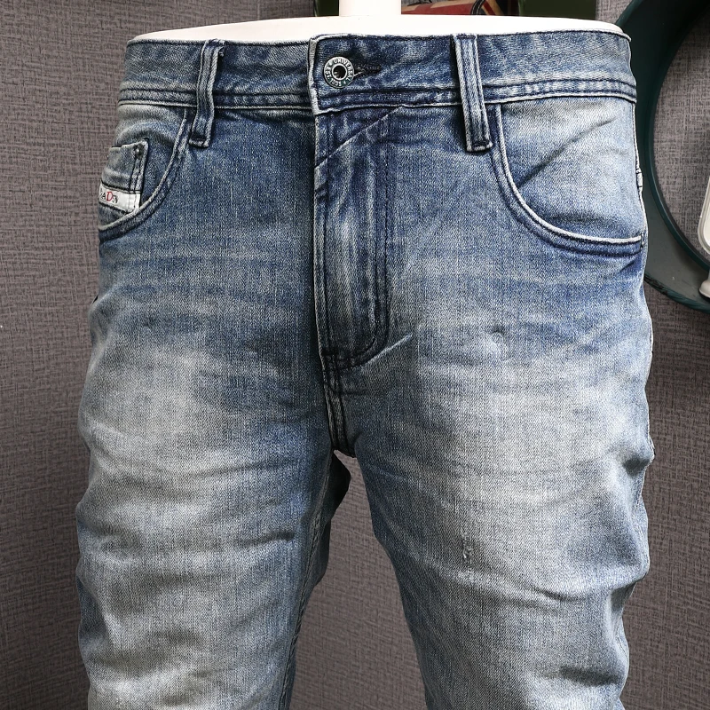 Italian Style Fashion Men Jeans High Quality Retro Blue Elastic Slim Fit Ripped Jeans Men Vintage Designer Denim Pants Hombre