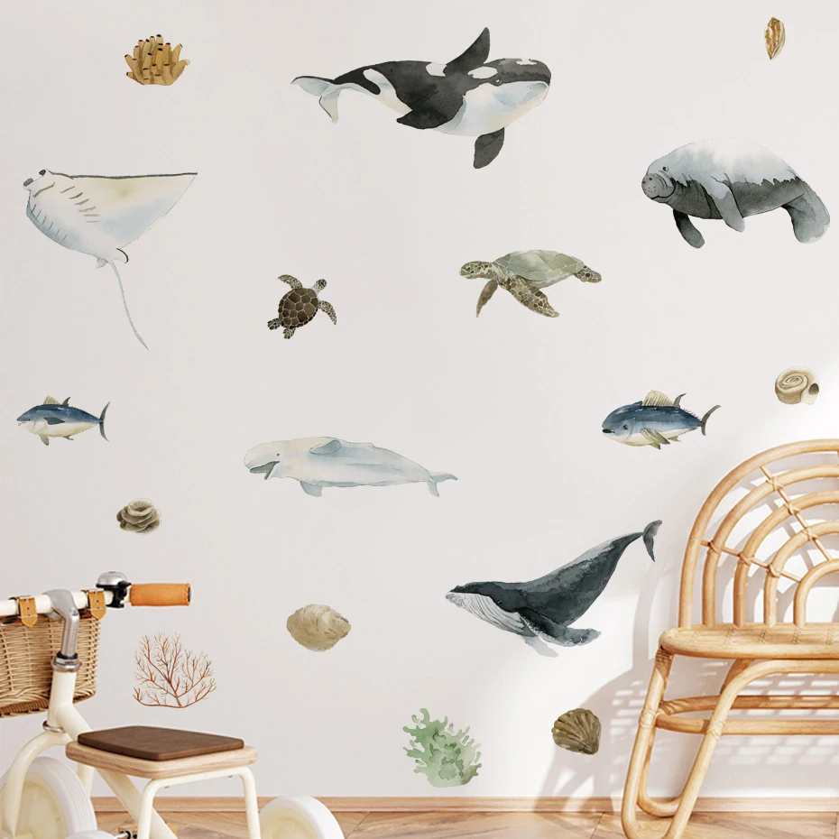 Cartoon Marine Life  Wall Stickers for Kids room Bathroom Wall Tile Decals Jellyfish  Seaweed Fish Sea Animal Home Decoration