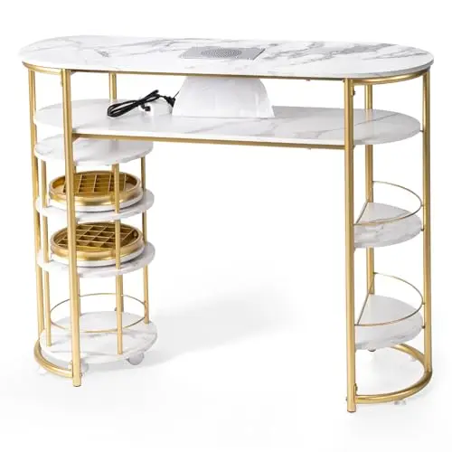 Manicure Table w/Dust Collector & Trolley, White Marbling Modern Nail Station w/Rolling Storage Cart, Nail Desk for