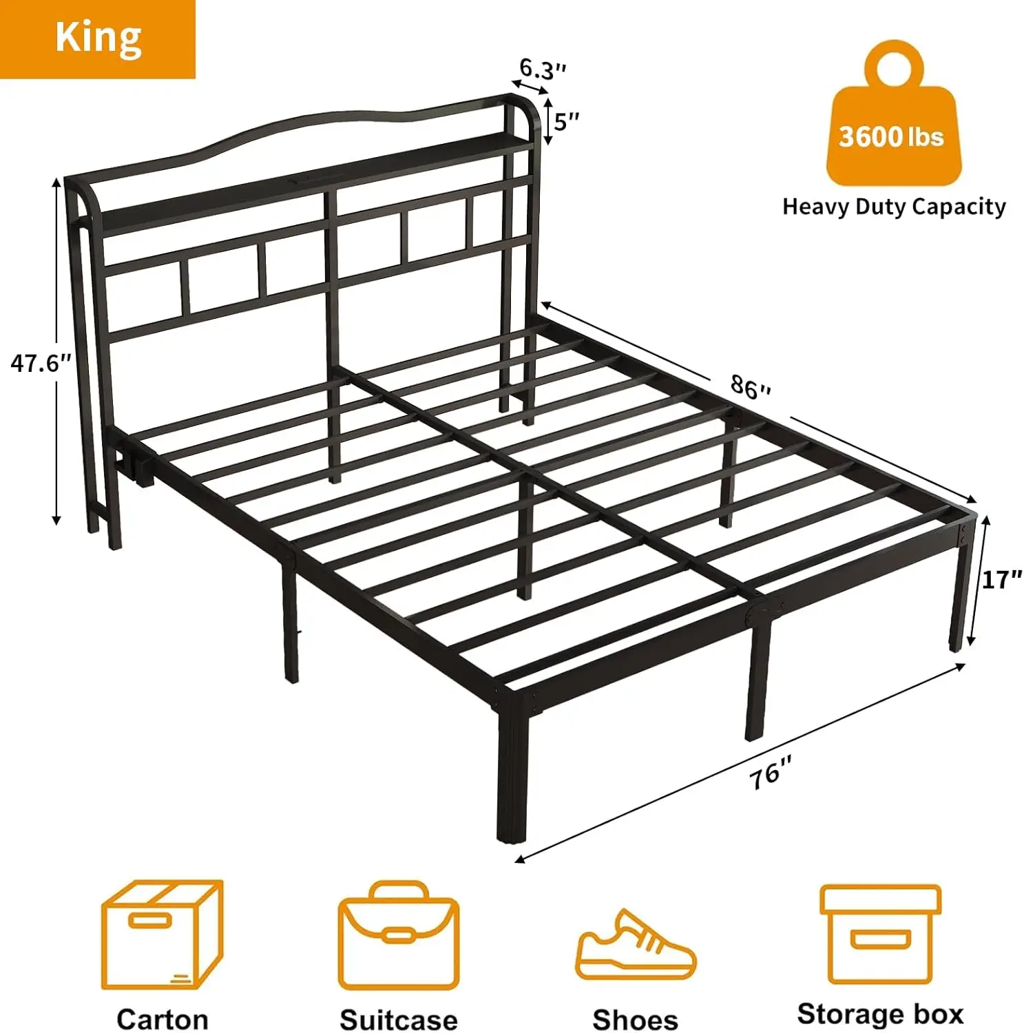 King Bed Frame - King Bed Frame With Headboard And Usb & Type C Charging Station, Heavy Duty Metal Bed Frame No Box Spring