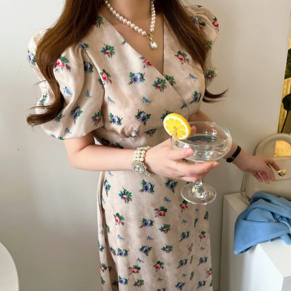 Korean Elegant Office Dress Women Retro Floral Bubble Sleeve Lace Waist Bodycon Dresses Ladies Summer Casual Midi Robe