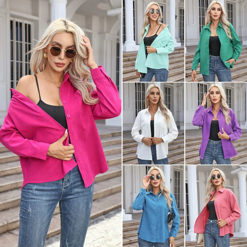 

2025Hot-Selling New Autumn Winter European and American Casual Turn-Down Collar Brushed Mid-Length Long Sleeve Women's Shirt