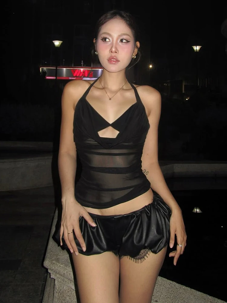 

Weird Puss Hollow halter Tank Tops Women Bandage Backless Skinny Polka Dot Print Folds Sexy Midnight Daily Clubwear Party Vest