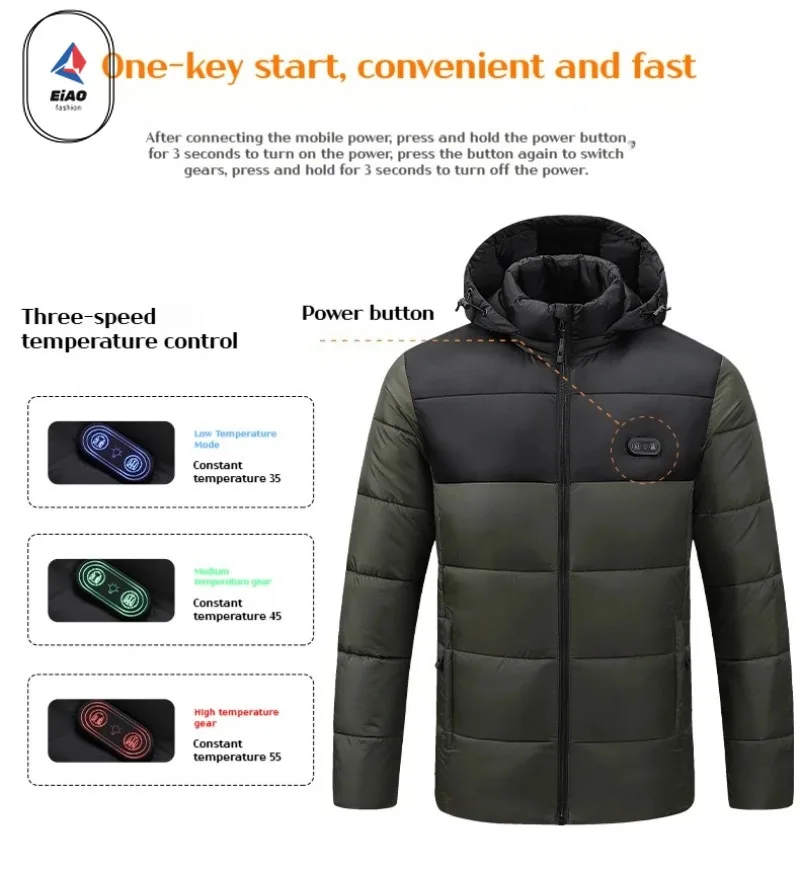 

3 Heating Levels Dual Control USB Electric Warm Winter Coat Smart Heating Jacket Winter Wear Men Women Windproof Coldproof