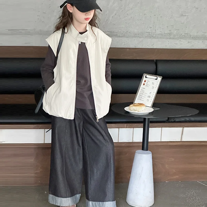 

Autumn Kids Girls 3pcs Suits Long Sleeves T-shirt+Turtlenack Zipper Vest+Patchwork Wide Leg Jean 4-14Y Girls Casual Outfit