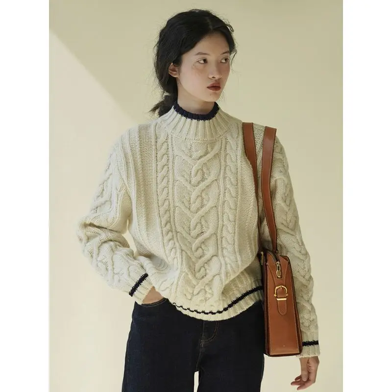 

Vintage Beige Sweater Women France Style Office Lady Chic Fashion Turtleneck Knitted Jumper Female Oversize Basic Tops
