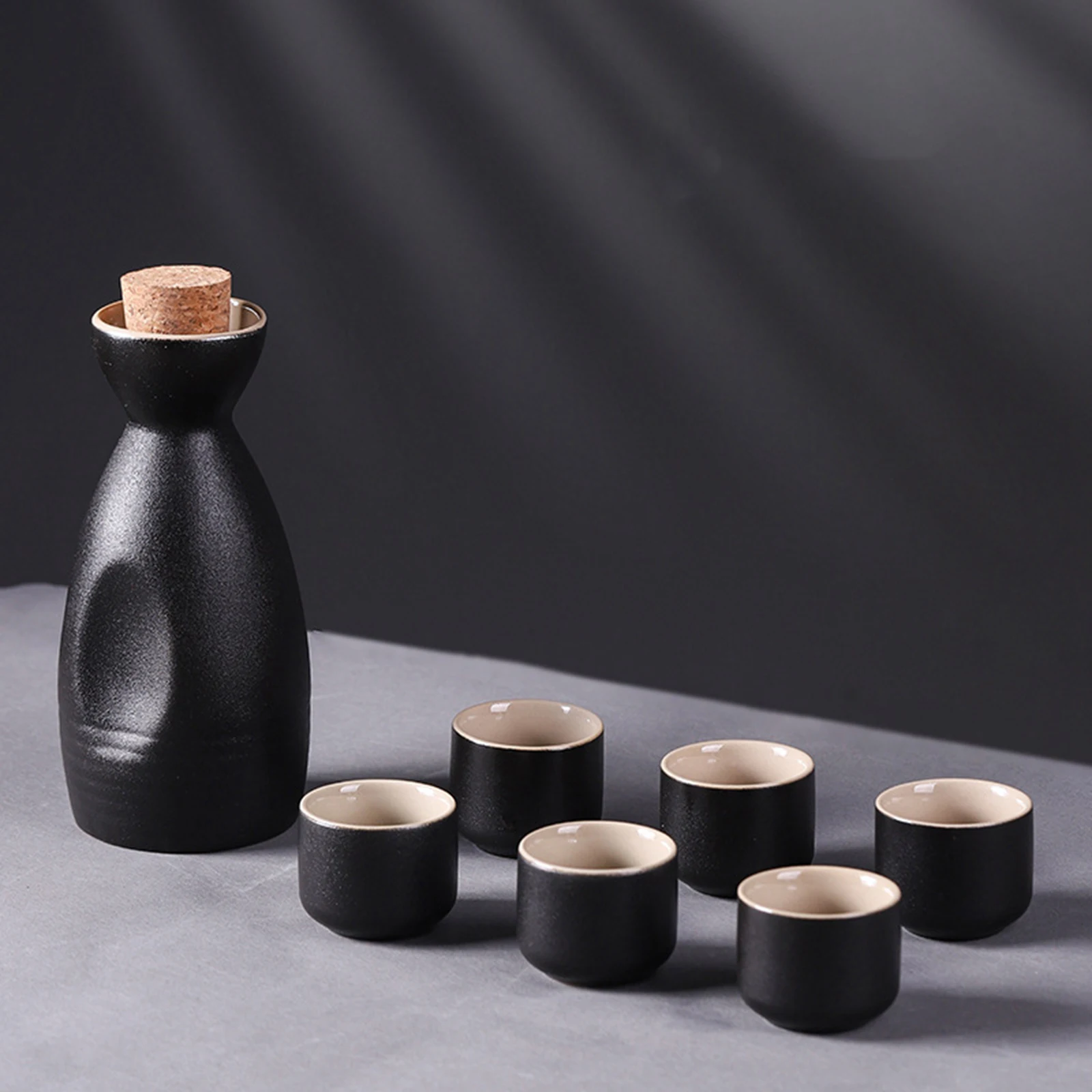 Vintage Ceramic Sake Pot Cups Set Groove Design Gift Traditional Japanese Style Creative Drinkware Durable  for Home Kitchen Dec
