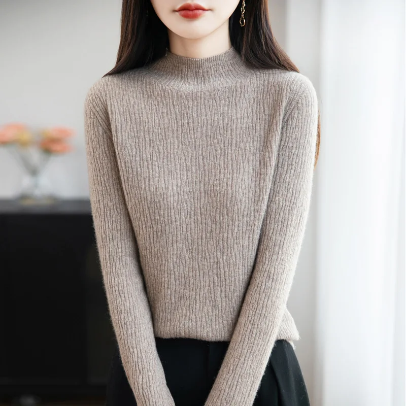 

Texture Half-High Collar Sweater Pullover Women Thicken Warm Office Commute Knitted Sweaters Winter Anti-Aging Slim Fit Jumpers