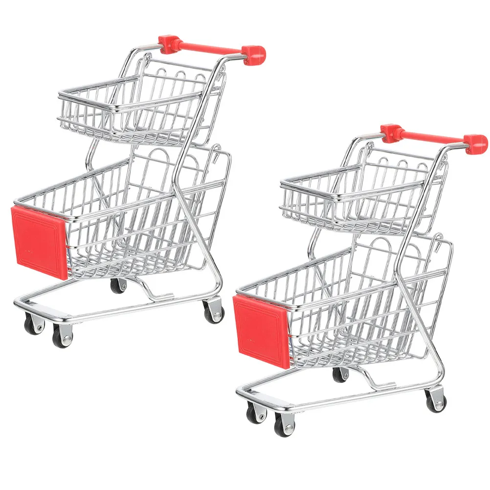 

Набор из 2 мини-тележек для покупок, двухъярусный настольный органайзер, корзина для хранения, декор для офиса и дома, маленькая тележка для супермаркета