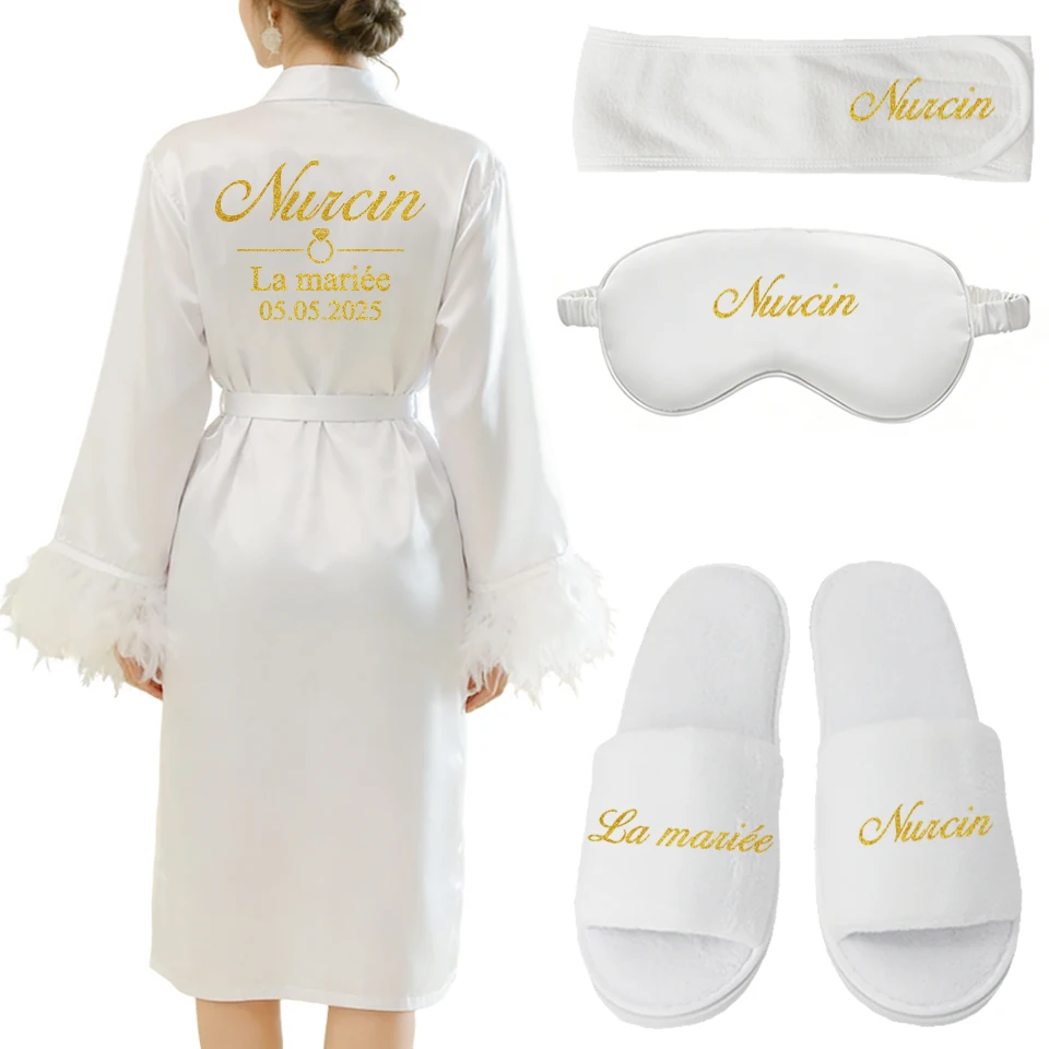 Personalized Name Date Logo Elegant Wedding Feather Robe Set Bride Bathrobe Nightwear Birthday Brial  Party  Gift
