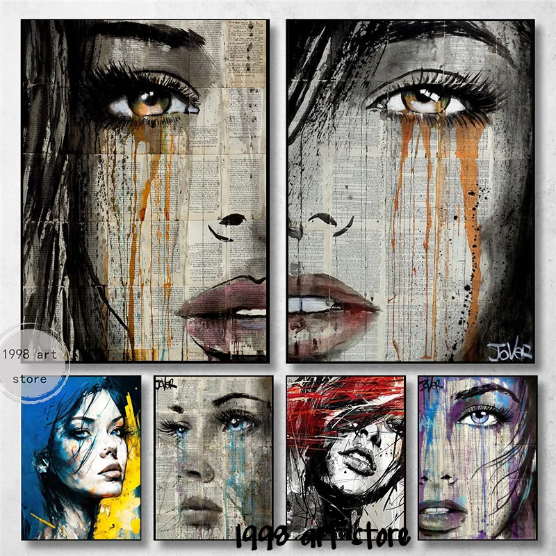 Abstract Ink Style Loui Jover Artwork Woman Face Portrairt with Tears  Art Poster Canvas Painting Wall Print Picture Home Decor