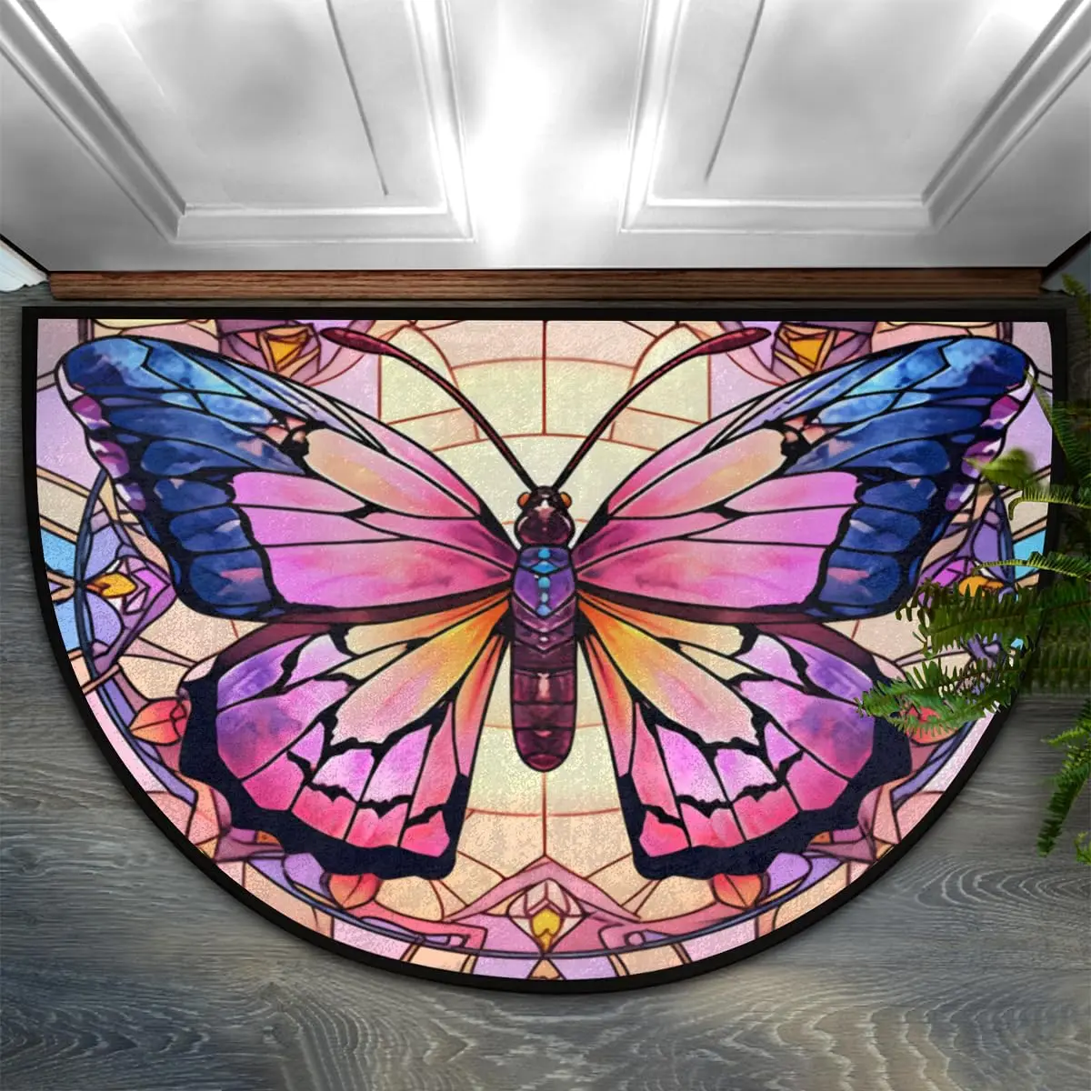 VIKAMA Half Round Door Rug Butterfly Glass Window Intdoor Entrance Non-Slip Welcome Mat for Outdoor Semi Circle Bathroom Floor
