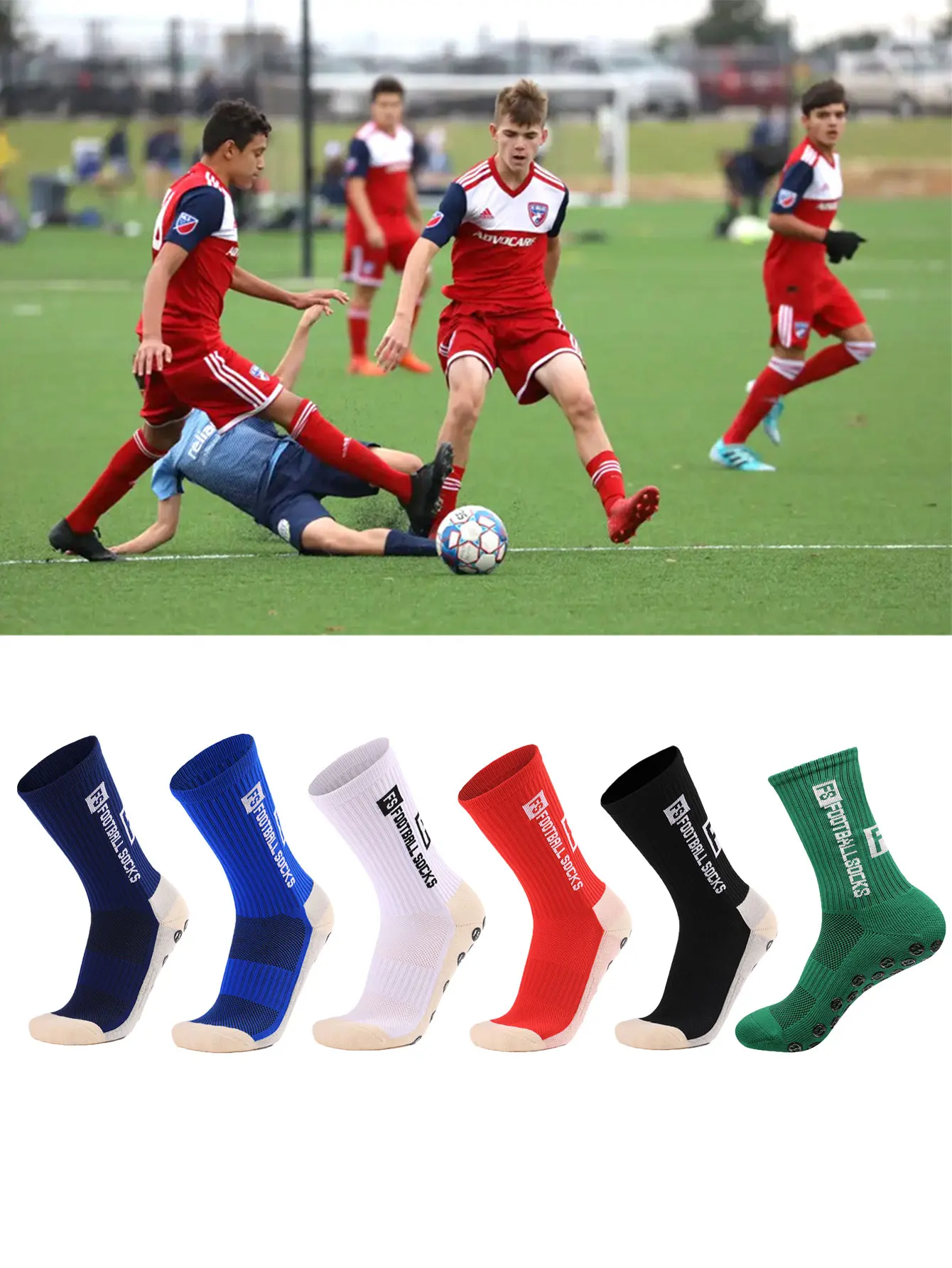 1 pairs of new FS mid length football socks for sports training and competition, with anti slip, breathable and thickened socks